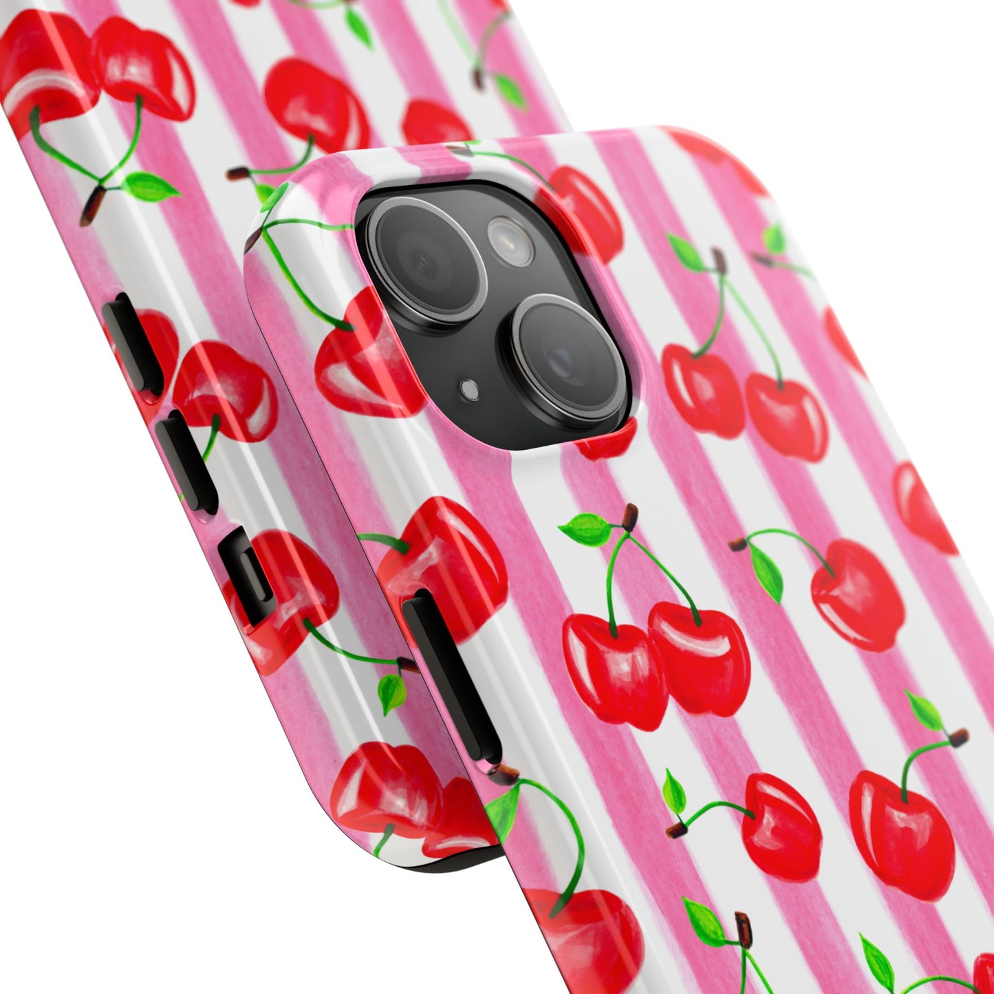 Tossed Red Watercolor Cherries Illustrated Pattern Light Pink Stripes Tough Phone Case | Various Models