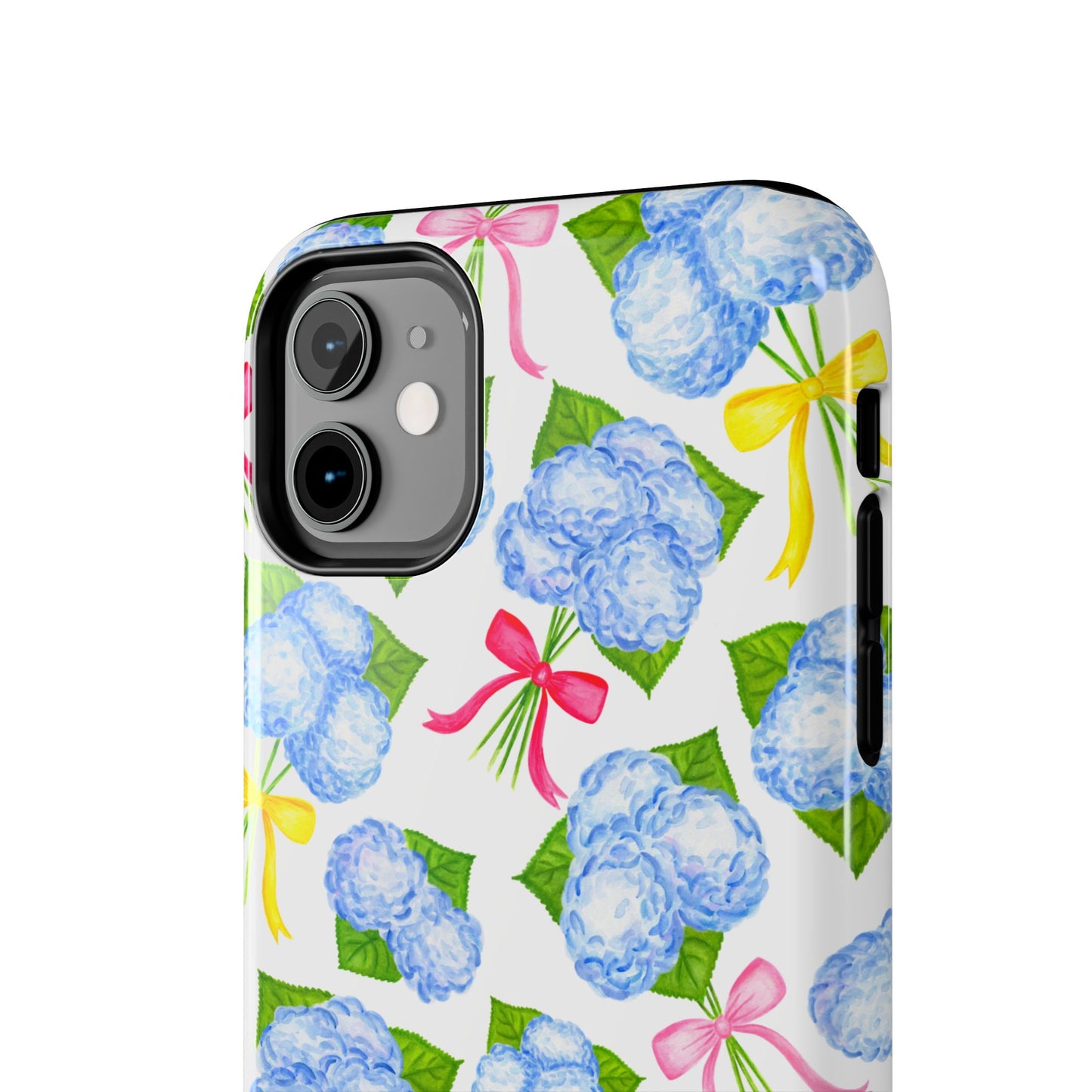 Blue Watercolor Hydrangea Bunches with Hot Pink, Yellow, Light Pink Bows Illustrated Patterned Tough Phone Case | Various Models