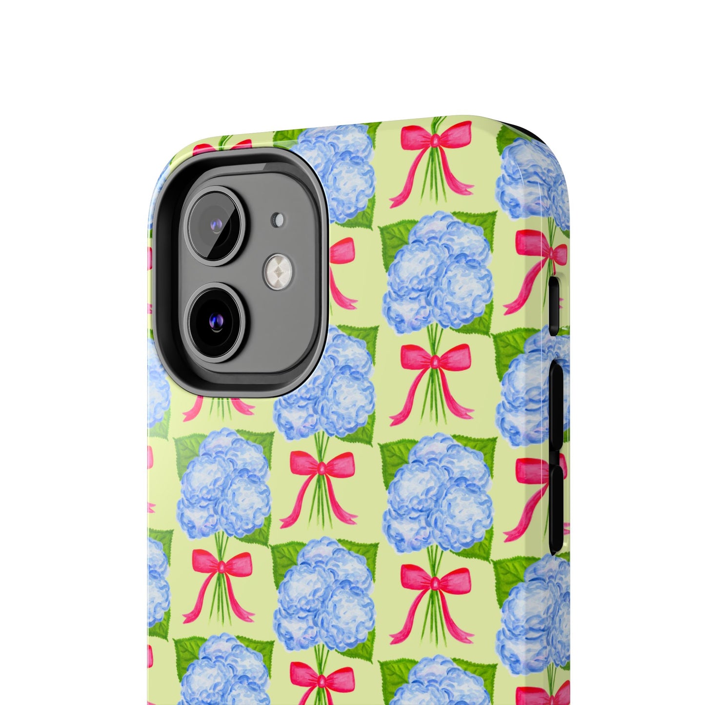 Blue Watercolor Hydrangea Bouquets with Hot Pink Bows Illustrated Patterned Yellow Preppy Grand Millenial Tough Phone Case | Various Models