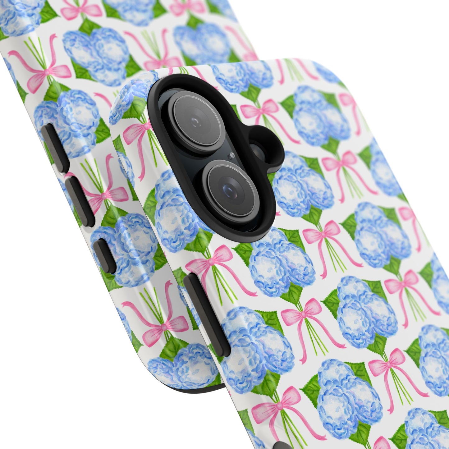 Blue Watercolor Hydrangea Bouqets with Light Pink Bows Watercolor Illustrated Patterned Tough Phone Case | Various Models