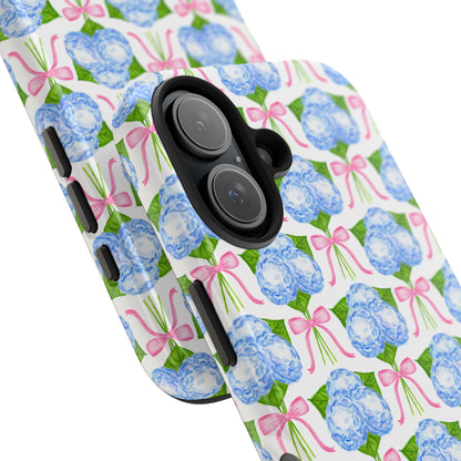 Blue Watercolor Hydrangea Bouqets with Light Pink Bows Watercolor Illustrated Patterned Tough Phone Case | Various Models