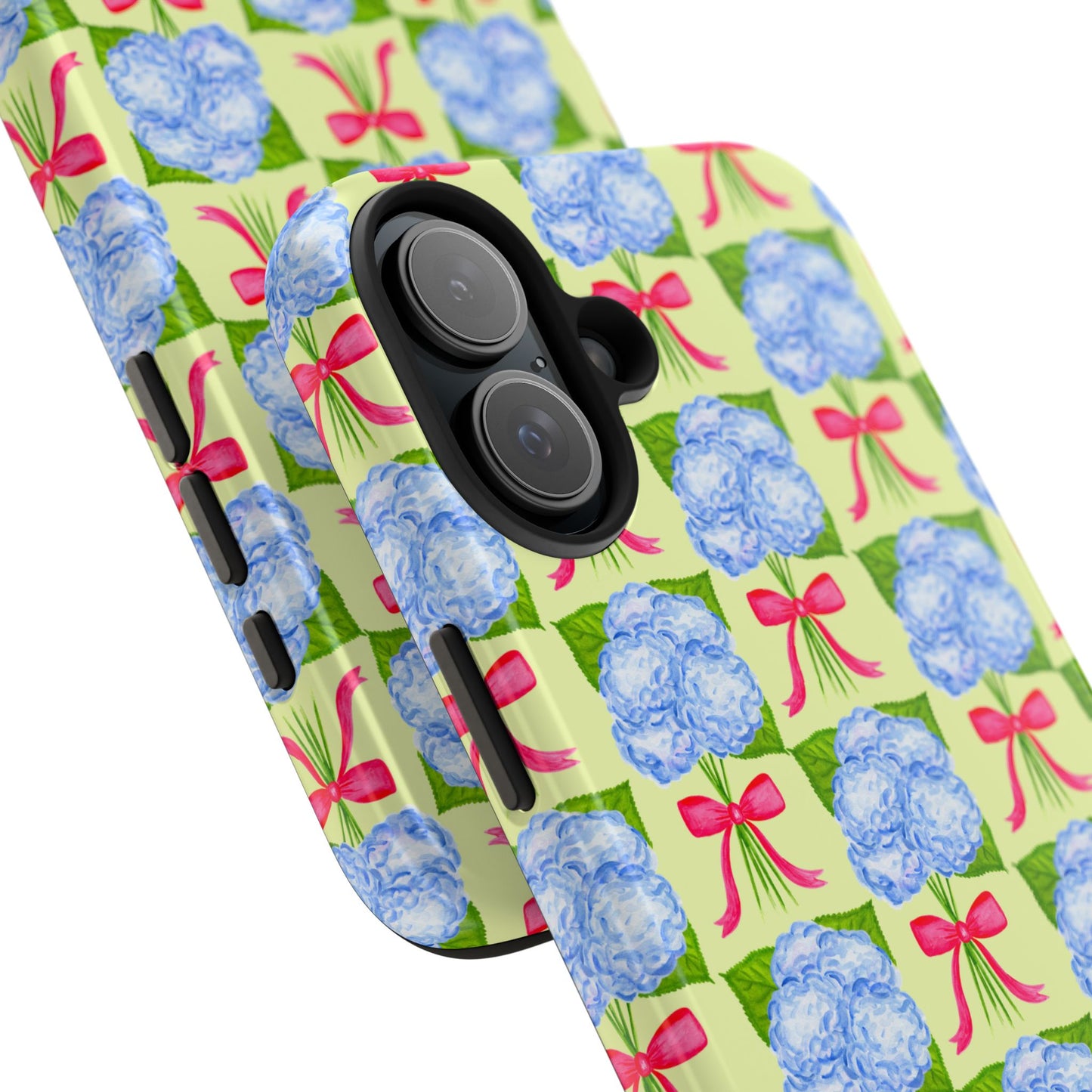 Blue Watercolor Hydrangea Bouquets with Hot Pink Bows Illustrated Patterned Yellow Preppy Grand Millenial Tough Phone Case | Various Models