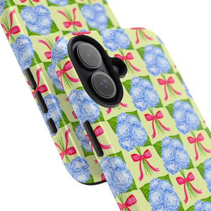 Blue Watercolor Hydrangea Bouquets with Hot Pink Bows Illustrated Patterned Yellow Preppy Grand Millenial Tough Phone Case | Various Models