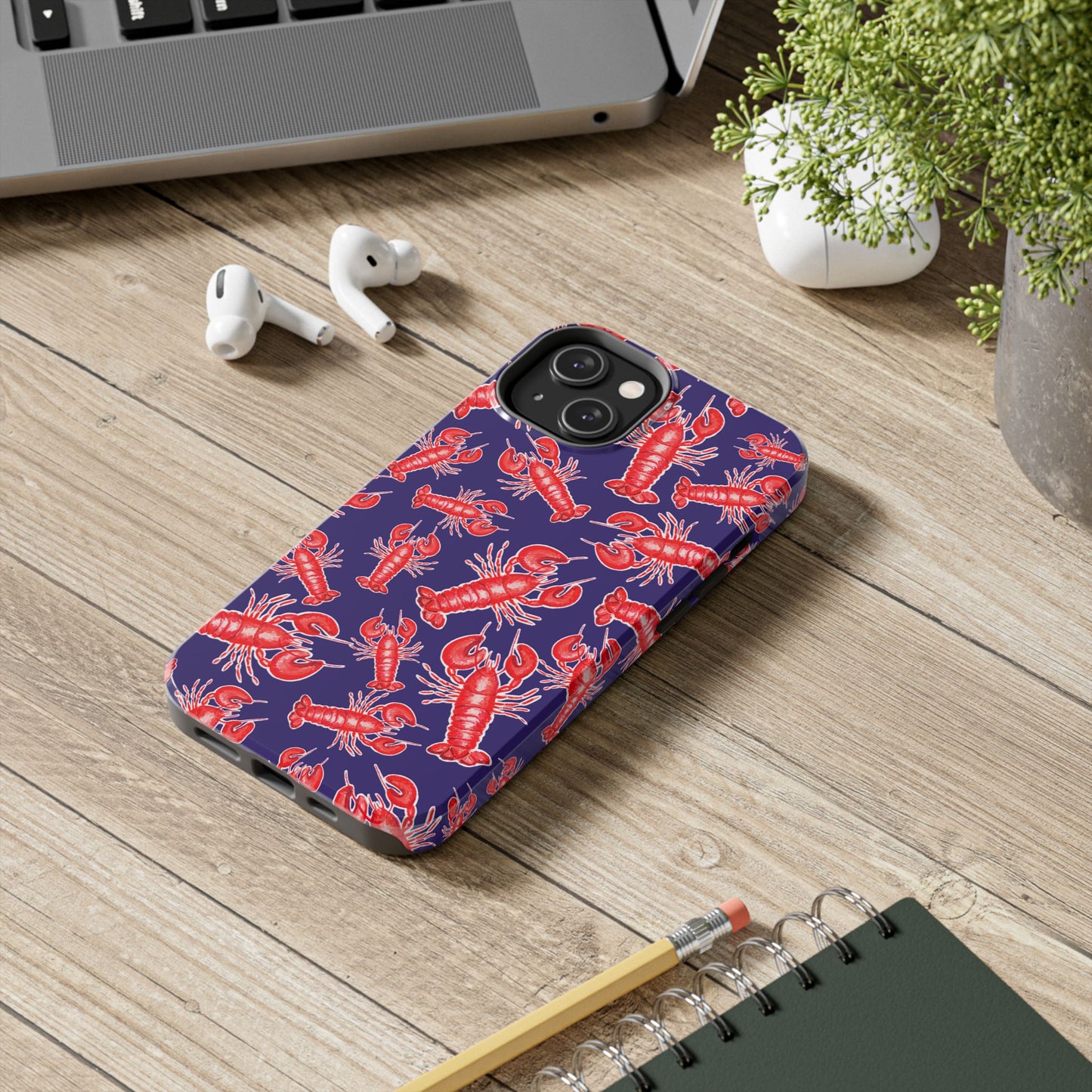 Red Lobster Watercolor Illustrated Tossed Pattern Navy Coastal Nautical Tough Phone Case | Various Models