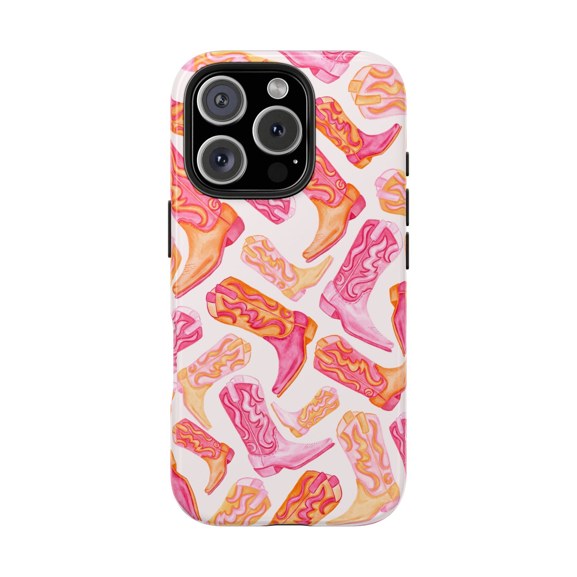 Tossed Hot Pink & Orange Watercolor Cowboy Boots Tough Light Pink Phone Case | Various Models Available iPhone 16 Pro