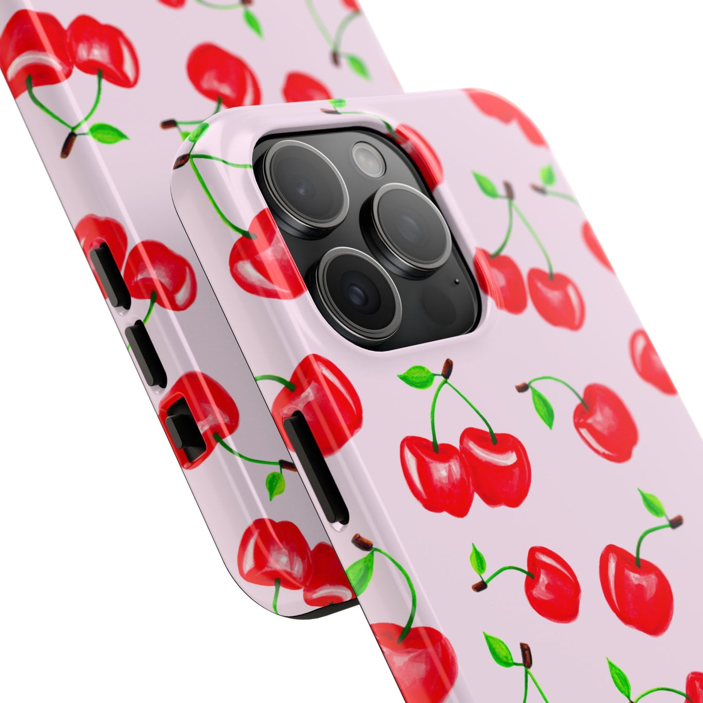 Tossed Red Watercolor Cherries Illustrated Pattern Light Pink Tough Phone Case | Various Models