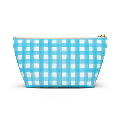 Turquoise Gingham Watercolor Illustrated Printed Accessory Pouch T-Bottom | Large or Small