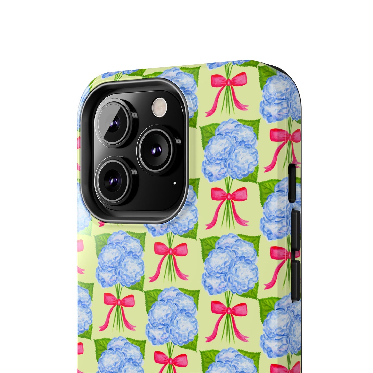 Blue Watercolor Hydrangea Bouquets with Hot Pink Bows Illustrated Patterned Yellow Preppy Grand Millenial Tough Phone Case | Various Models