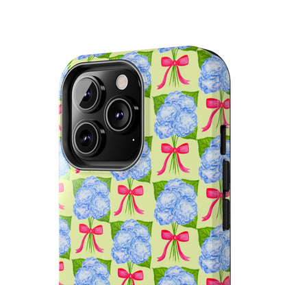 Blue Watercolor Hydrangea Bouquets with Hot Pink Bows Illustrated Patterned Yellow Preppy Grand Millenial Tough Phone Case | Various Models
