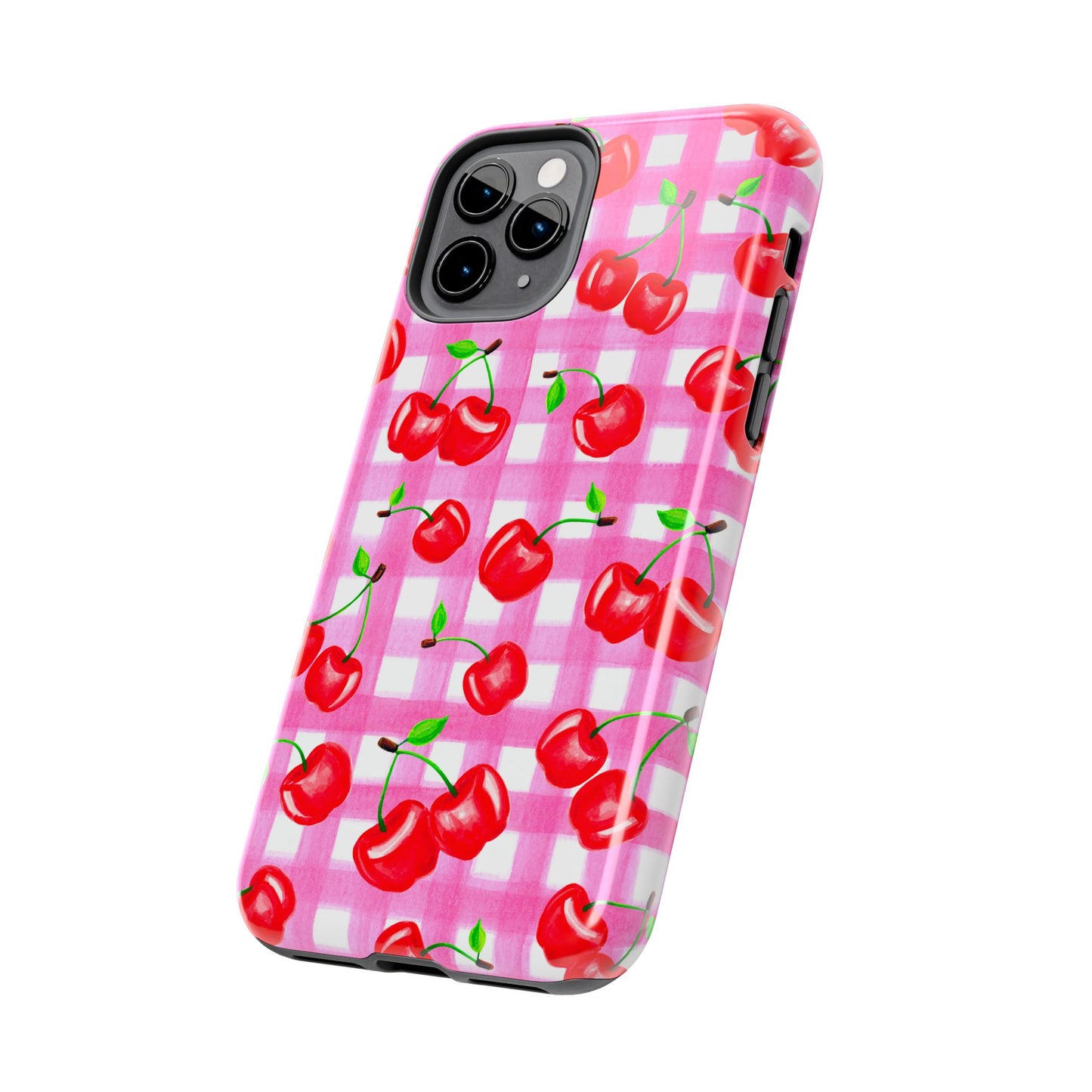 Tossed Red Watercolor Cherries Illustrated Pattern Light Pink Gingham Tough Phone Case | Various Models