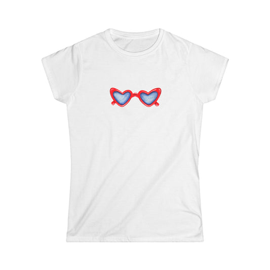 Red White & Blue Heart Shaped Glasses Printed Women's Softstyle Tee