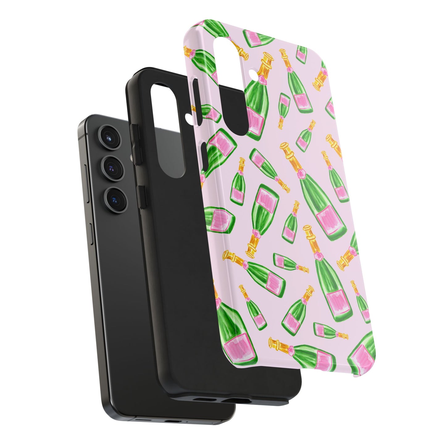 Tossed Pink and Green Watercolor Illustrated Champagne Bottles Pattern Blush Pink Tough Phone Case | Various Models