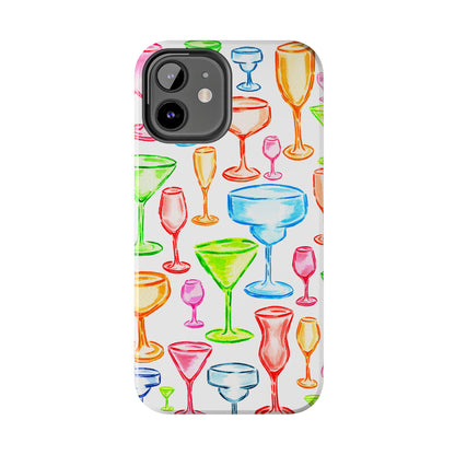 Monochromatic Margarita, Wine, Martini, and Champagne Flute Cocktail Glasses Watercolor Illustrated Tough Phone Case | Various Models Available