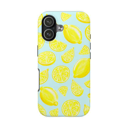 Bright Yellow Lemons Watercolor Illustrated Tossed Pattern Light Blue Tough Phone Case | Various Models