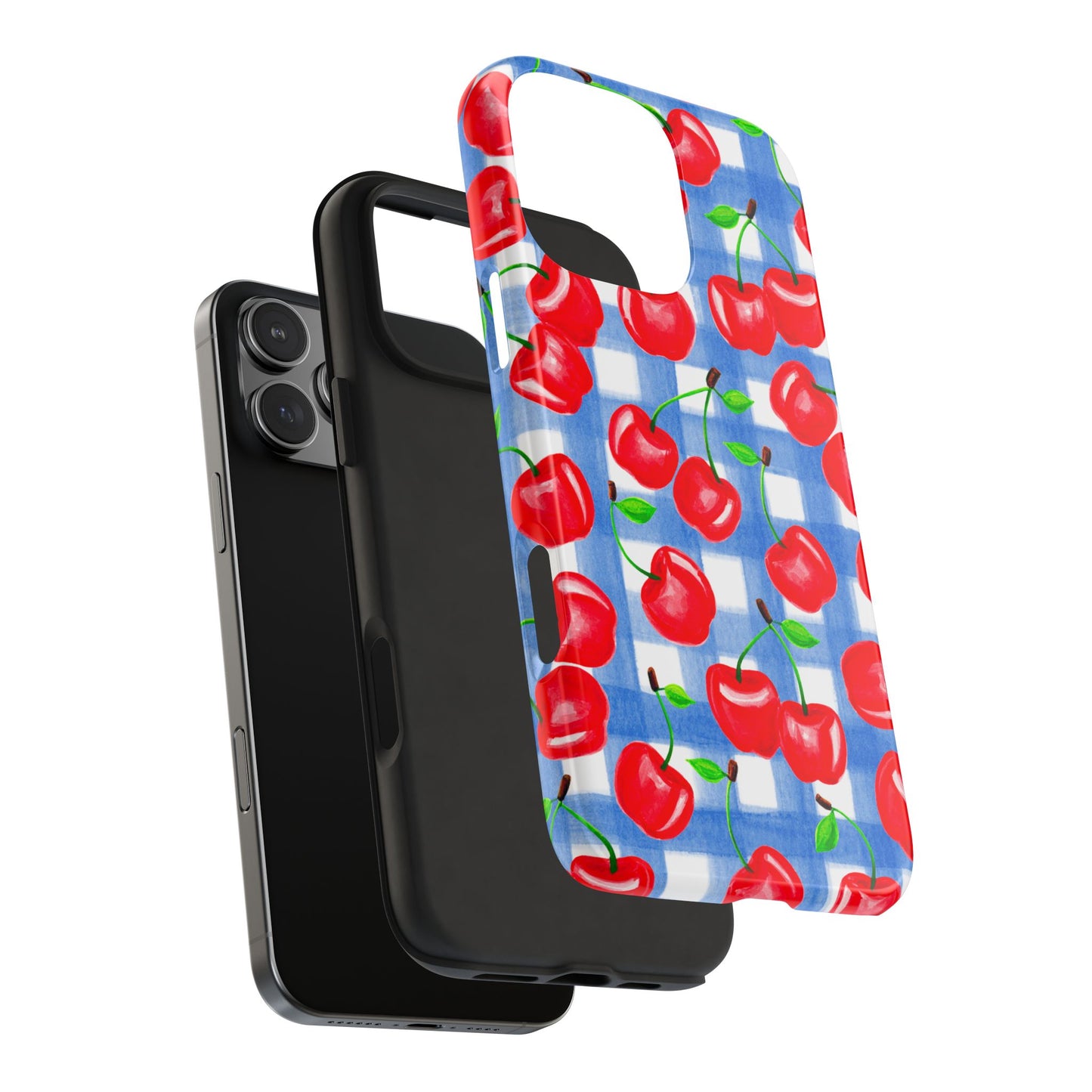 Tossed Red Cherries Blue Gingham Checkered Watercolor Illustrated Tough Phone Case | Various Models