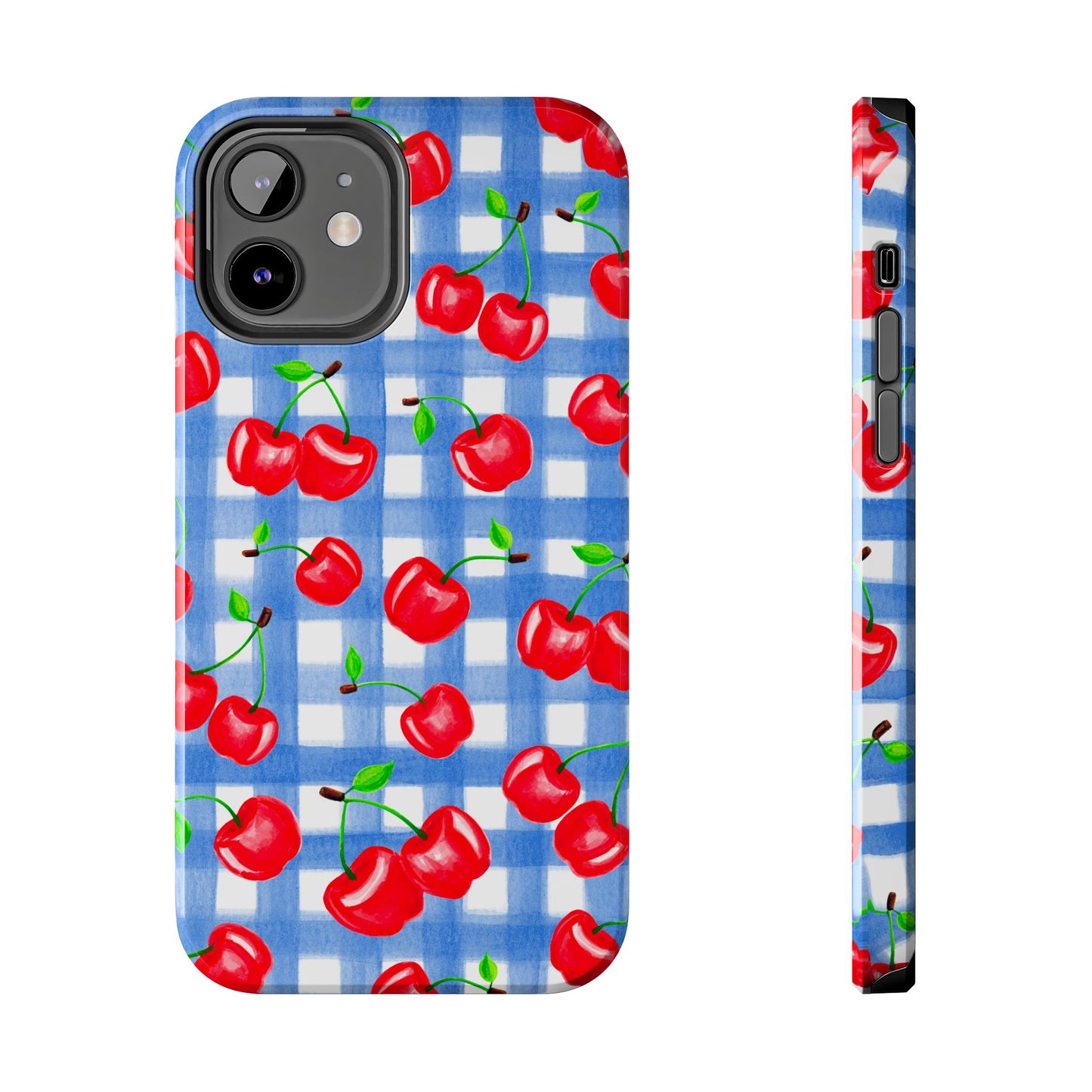 Tossed Red Watercolor Illustrated Cherries Light Blue Gingham Tough Phone Case | Various Models