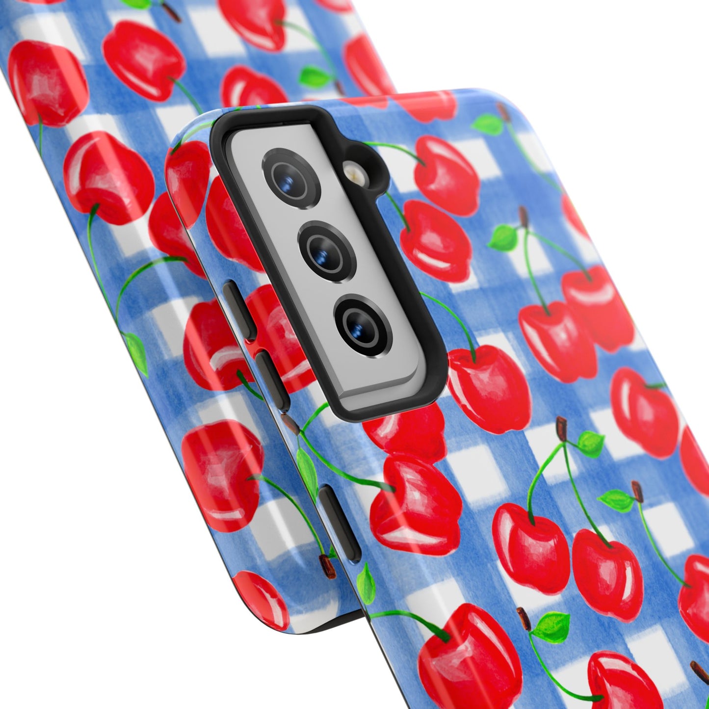 Tossed Red Cherries Blue Gingham Checkered Watercolor Illustrated Tough Phone Case | Various Models