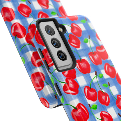 Tossed Red Cherries Blue Gingham Checkered Watercolor Illustrated Tough Phone Case | Various Models