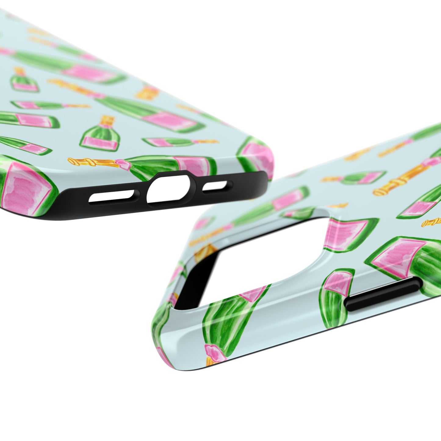 Tossed Pink and Green Watercolor Illustrated Champagne Bottles Pattern Light Blue Tough Phone Case | Various Models