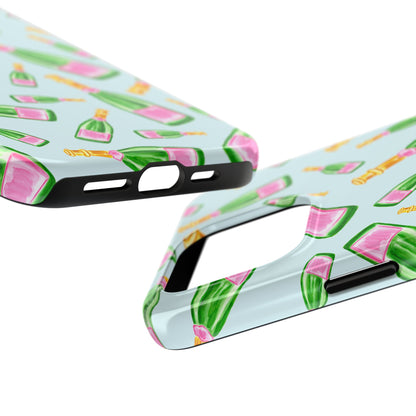 Tossed Pink and Green Watercolor Illustrated Champagne Bottles Pattern Light Blue Tough Phone Case | Various Models