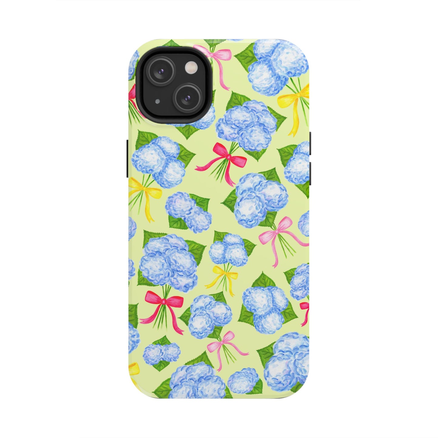 Blue Watercolor Hydrangea Bunches with Hot Pink, Yellow, Light Pink Bows Illustrated Patterned Yellow Tough Phone Case | Various Models