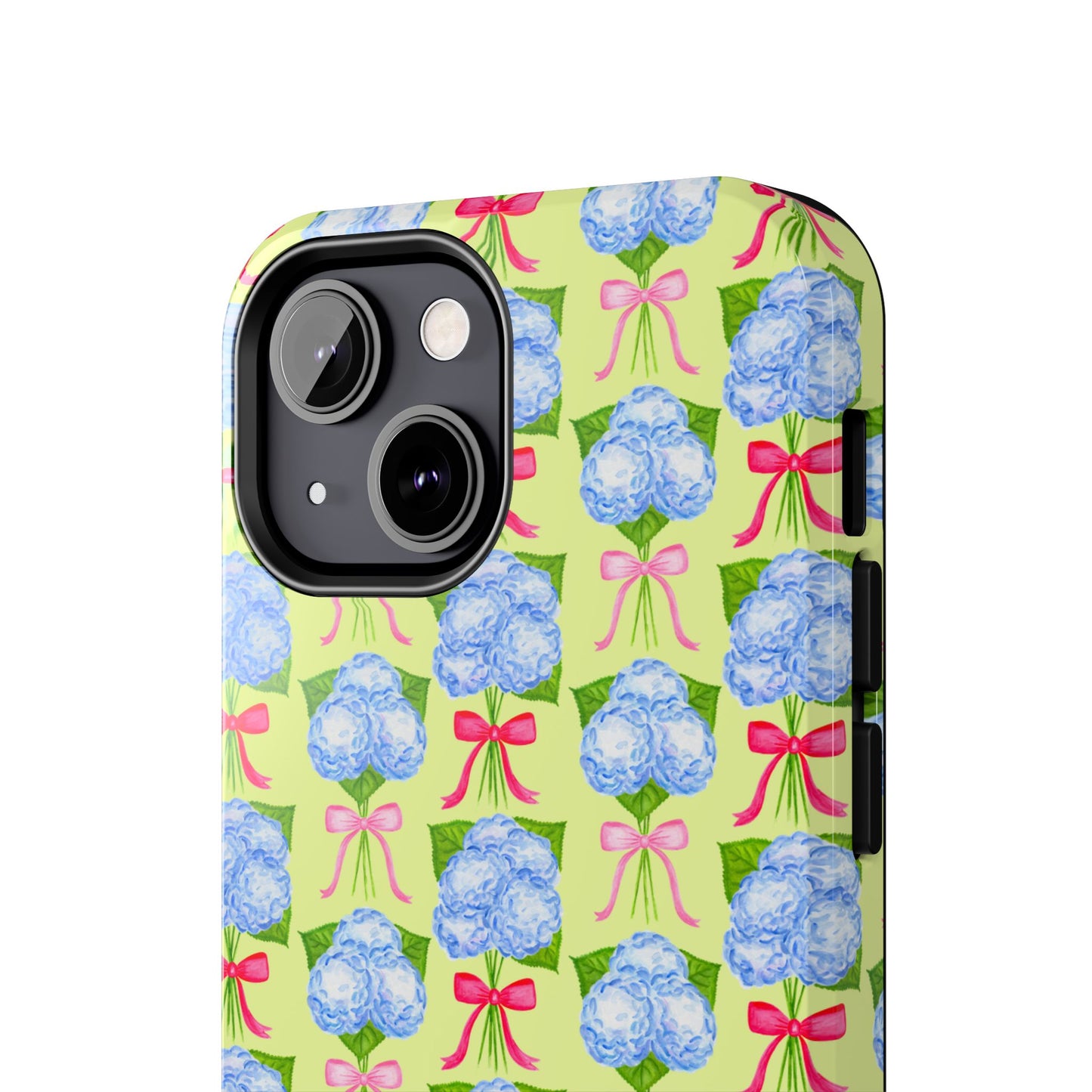 Watercolor Blue Hydrangea Bouquets with Hot Pink and Light Pink Bow Ribbons Illustrated Pattern Yellow Tough Phone Case | Various Models