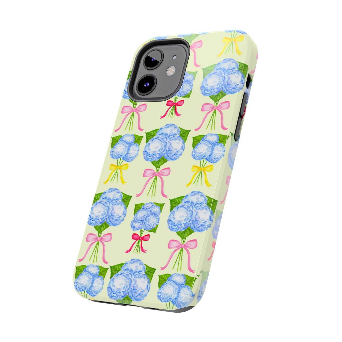 Blue Hydrangeas with Hot Pink, Yellow, Light Pink Bows Watercolor Illustrated Patterned Light Yellow Tough Phone Case | Various Models