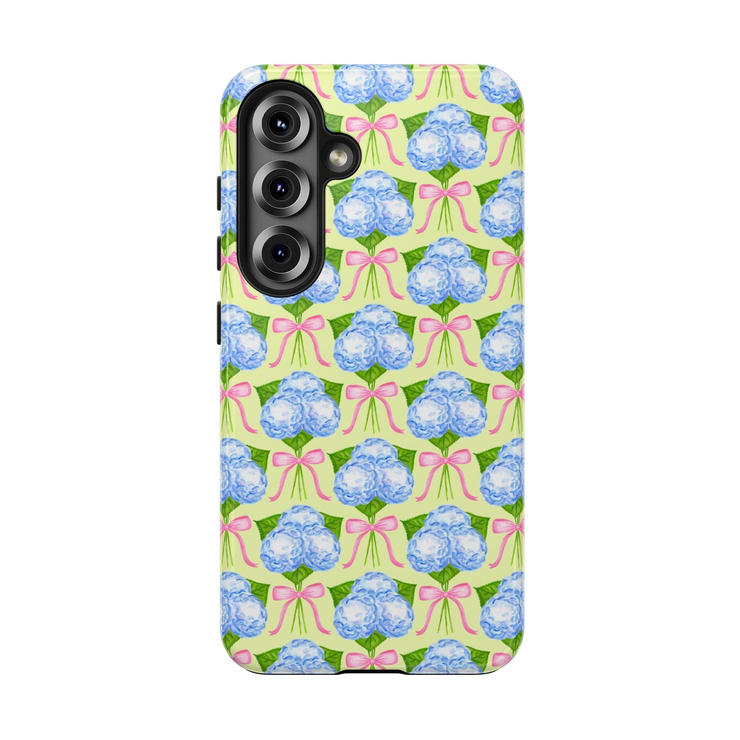Blue Watercolor Hydrangea Bouquets with Light Pink Bows Watercolor Illustrated Patterned Yellow Tough Phone Case | Various Models