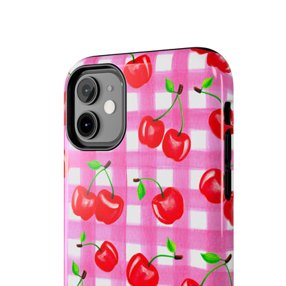 Tossed Red Watercolor Cherries Illustrated Pattern Light Pink Gingham Tough Phone Case | Various Models