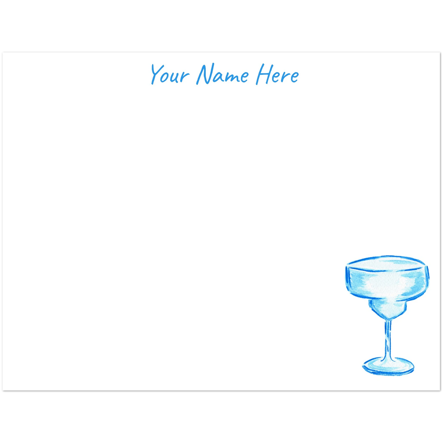 Personalized Blue Margarita Glass Watercolor Illustrated Flat Notecards | Set of 10 Cards & Envelopes | 2 Sizes | 3 Colors