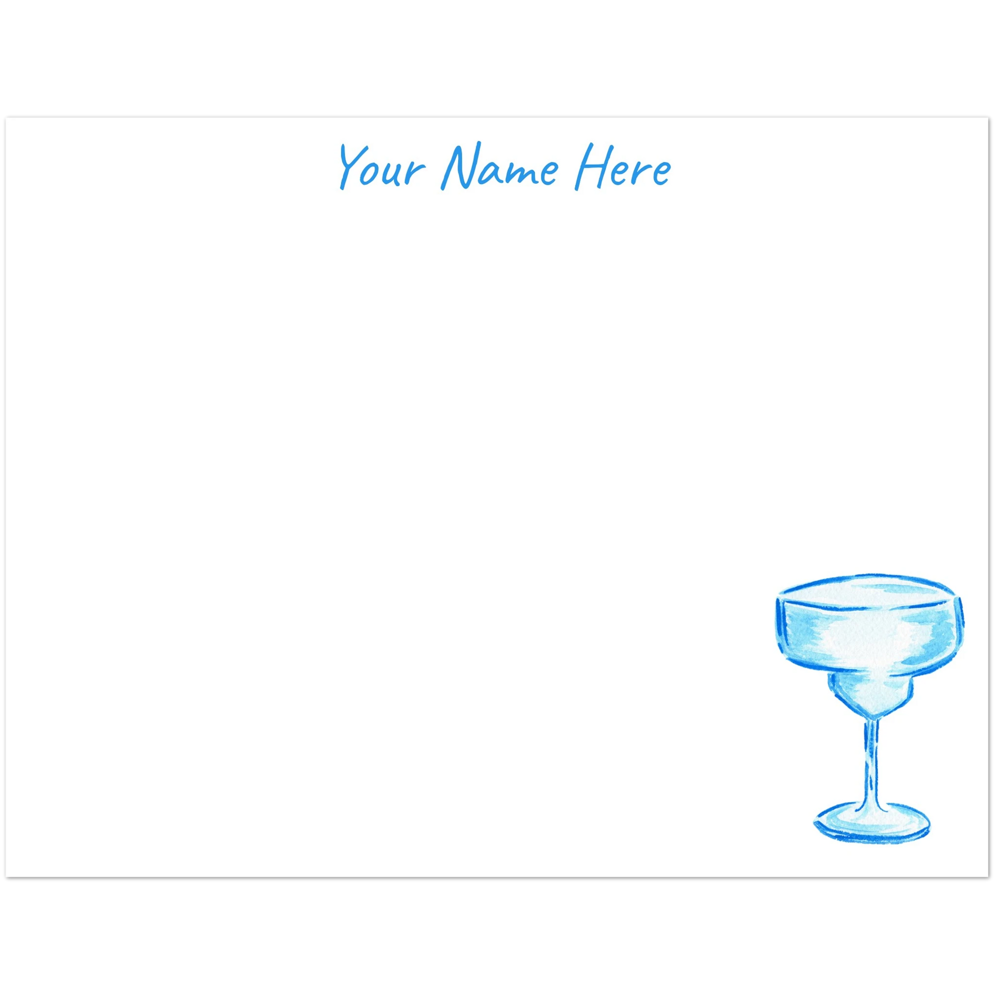 Personalized Blue Margarita Glass Watercolor Illustrated Flat Notecards | Set of 10 Cards & Envelopes | 2 Sizes | 3 Colors