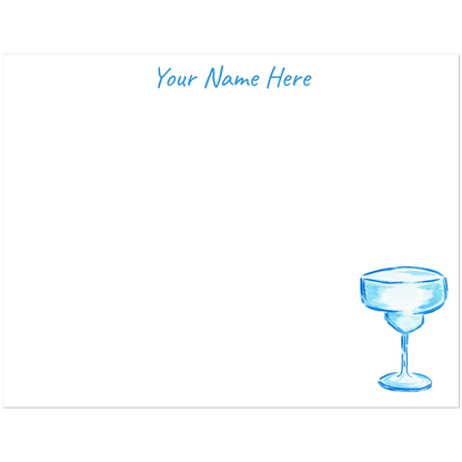 Personalized Blue Margarita Glass Watercolor Illustrated Flat Notecards | Set of 10 Cards & Envelopes | 2 Sizes | 3 Colors