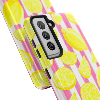 Pink Lemonade Yellow Lemons with Pink & White Watercolor Stripes Tough Phone Case