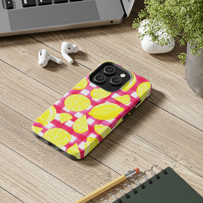 Yellow Lemons & Hot Pink Gingham Watercolor Illustrated Tough Phone Case | Various Models Available