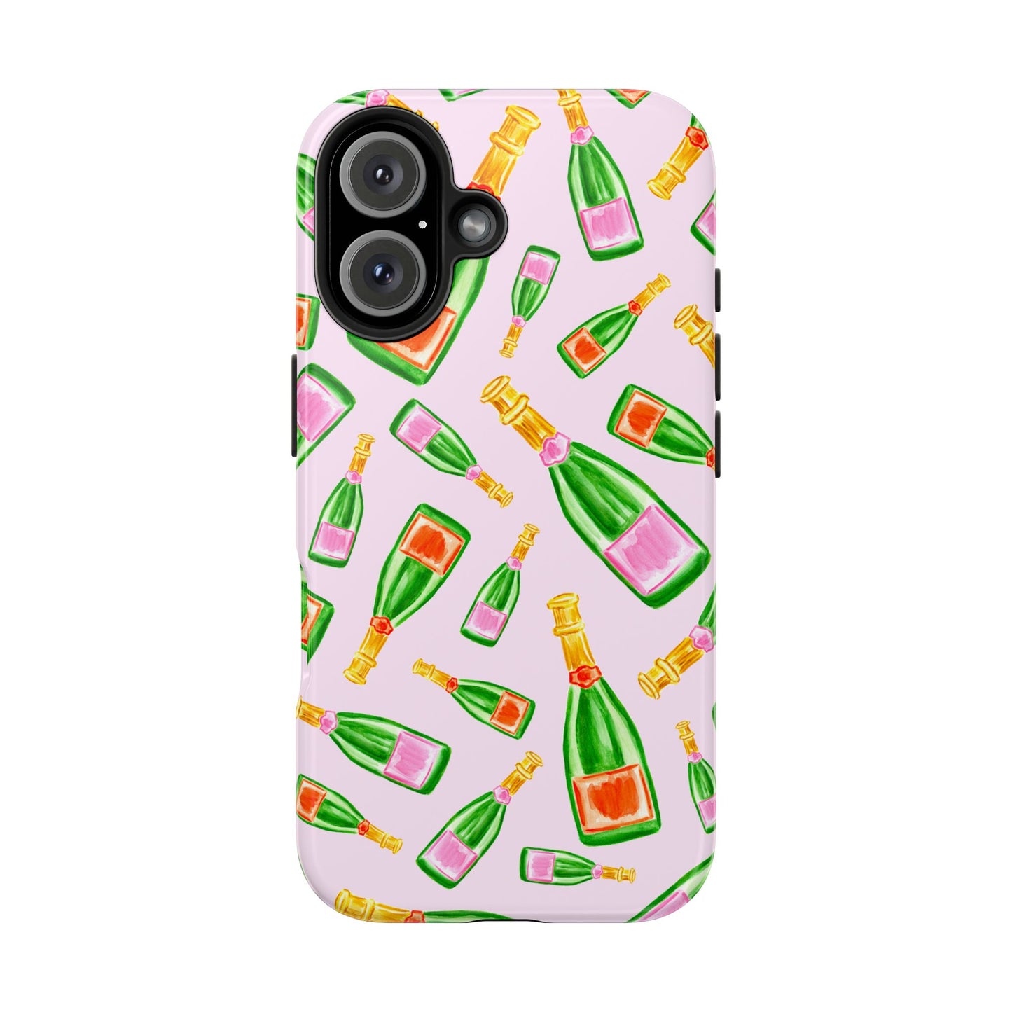 Tossed Pink and Green & Orange and Green Watercolor Illustrated Champagne Bottles Pattern Blush Pink Tough Phone Case | Various Models