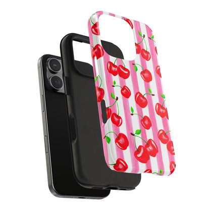 Tossed Red Watercolor Cherries Illustrated Pattern Light Pink Stripes Tough Phone Case | Various Models