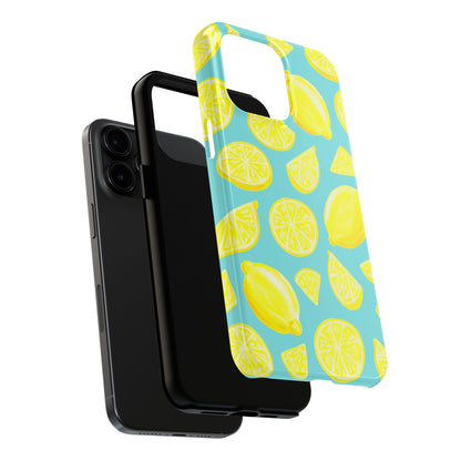 Bright Yellow Lemons Watercolor Illustrated Tossed Pattern Turquoise Blue Tough Phone Case | Various Models