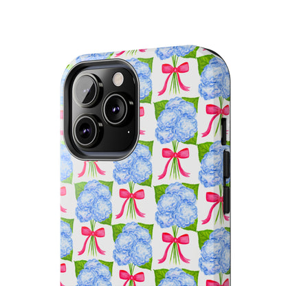 Blue Watercolor Hydrangea Bouquets with Hot Pink Bows Illustrated Patterned Tough Phone Case | Various Models