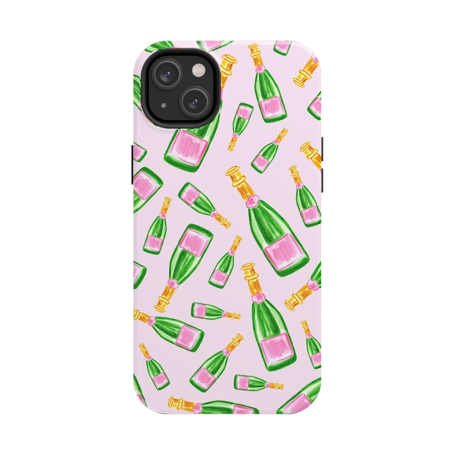 Tossed Pink and Green Watercolor Illustrated Champagne Bottles Pattern Blush Pink Tough Phone Case | Various Models