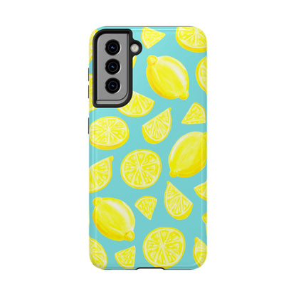 Bright Yellow Lemons Watercolor Illustrated Tossed Pattern Turquoise Blue Tough Phone Case | Various Models
