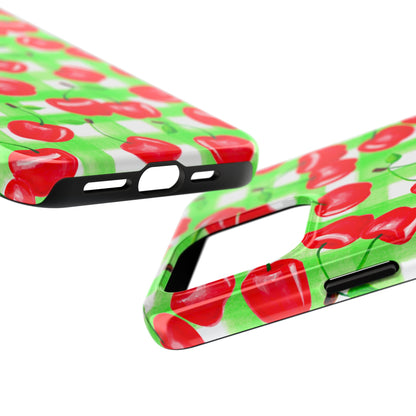 Red Tossed Cherries Green Gingham Watercolor Illustrated Tough Phone Case | Various Models Available