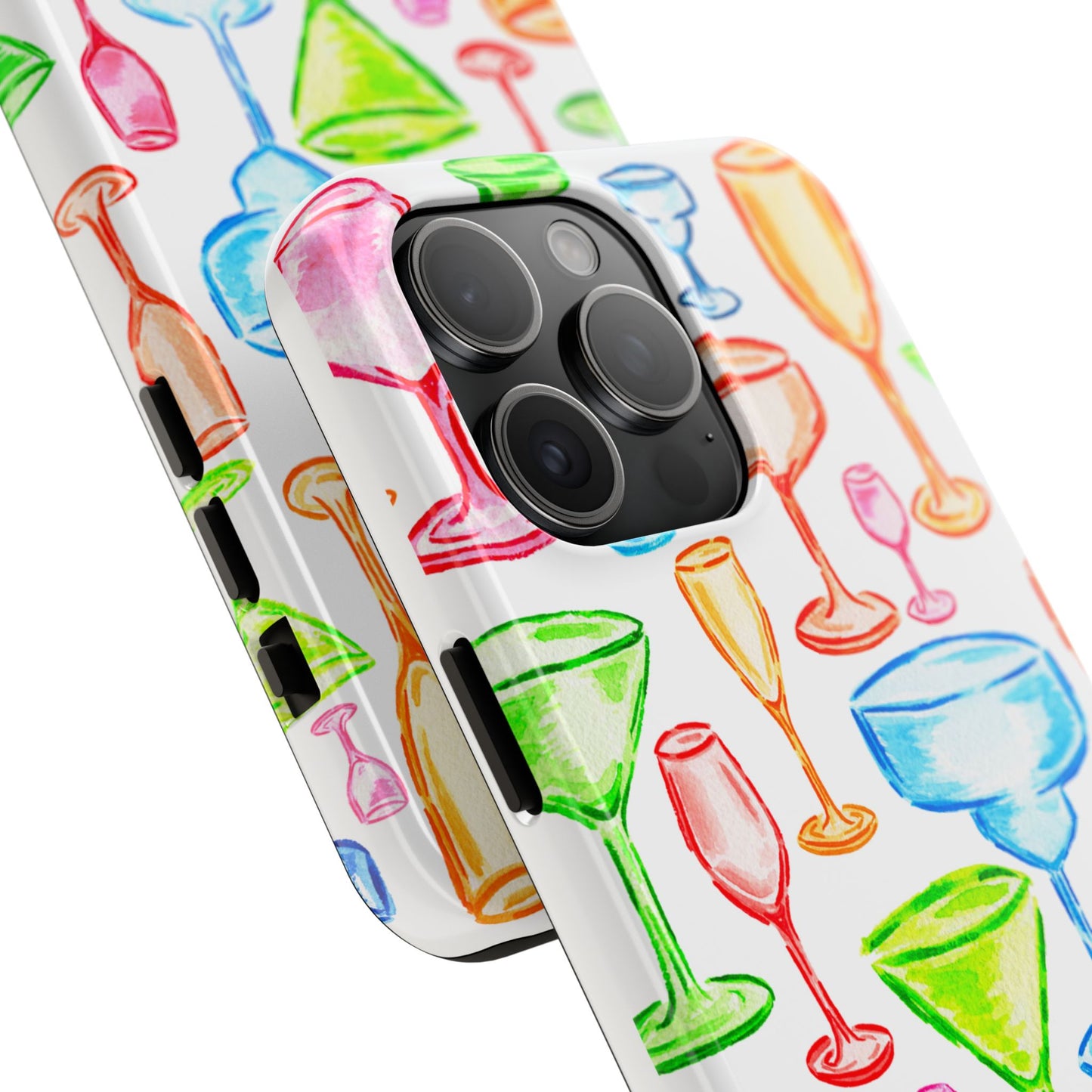 Monochromatic Margarita, Wine, Martini, and Champagne Flute Cocktail Glasses Watercolor Illustrated Tough Phone Case | Various Models Available