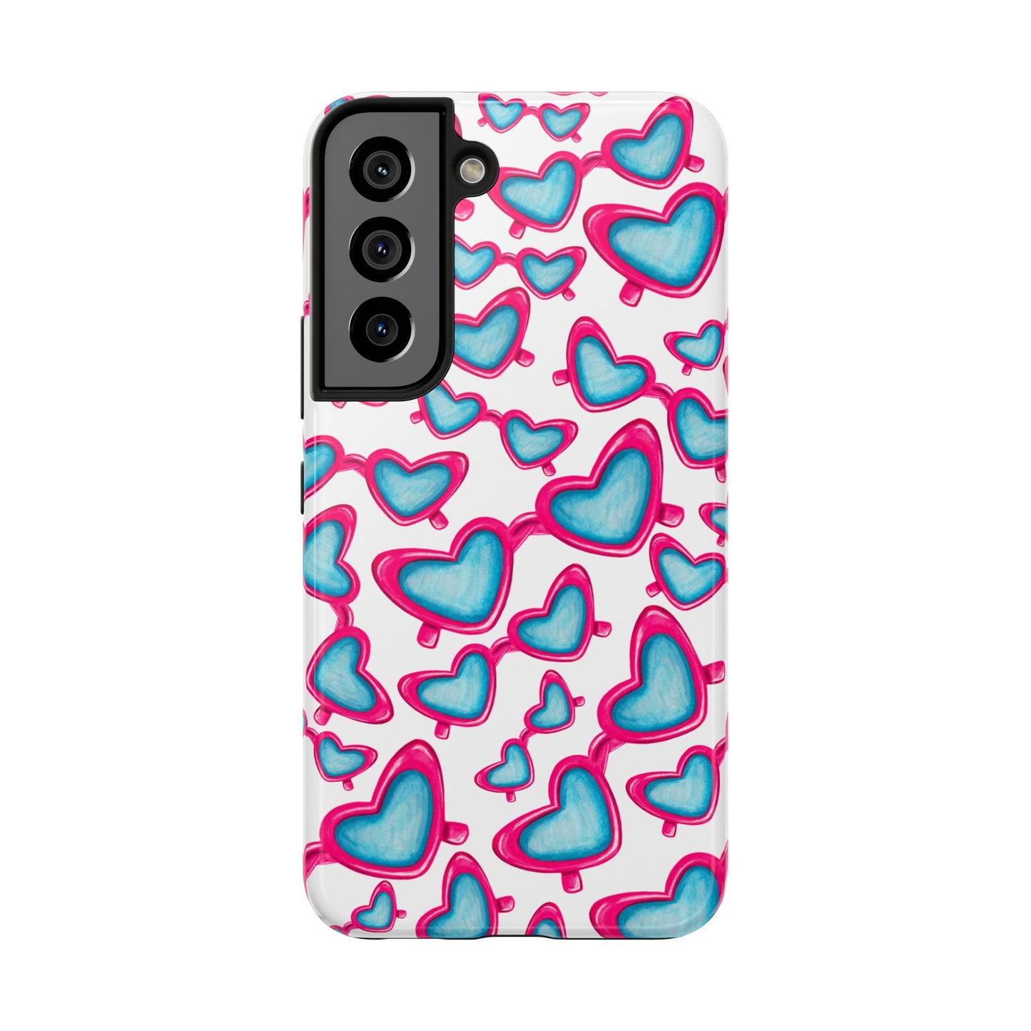 Pink & Blue Heart Shaped Sunglasses Watercolor Illustrated Tossed Pattern Tough Case | Various Models Samsung Galaxy S22