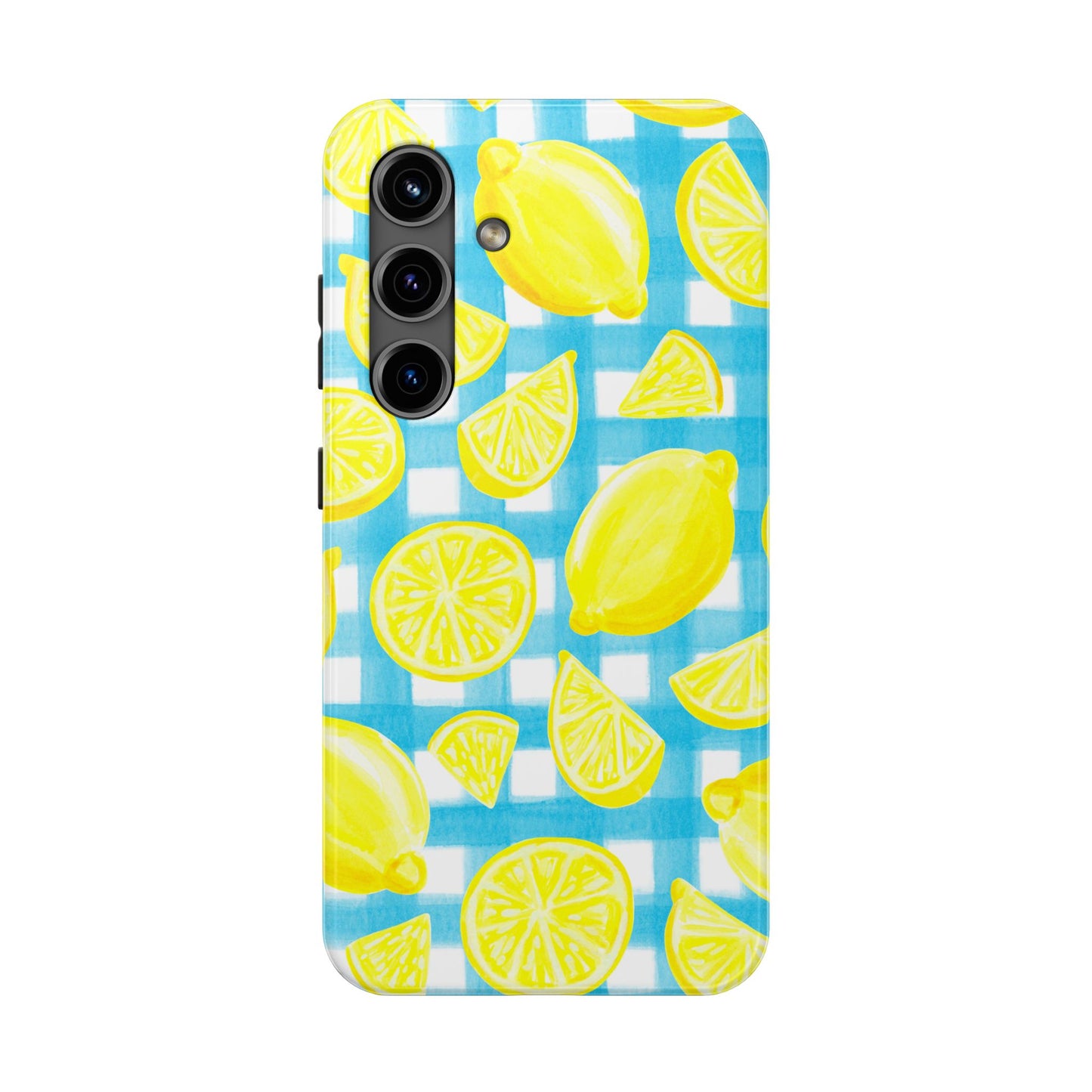 Yellow Lemons & Turquoise Gingham Watercolor Illustrated Tough Phone Case | Various Models Available