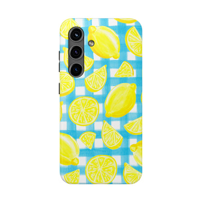 Yellow Lemons & Turquoise Gingham Watercolor Illustrated Tough Phone Case | Various Models Available