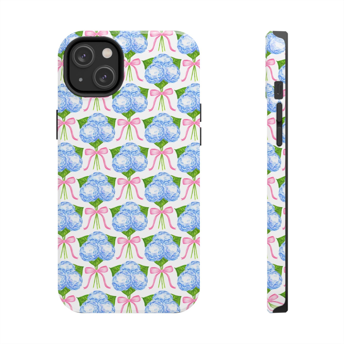 Blue Watercolor Hydrangea Bouqets with Light Pink Bows Watercolor Illustrated Patterned Tough Phone Case | Various Models