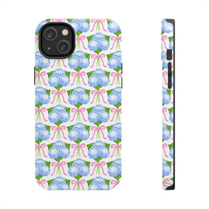 Blue Watercolor Hydrangea Bouqets with Light Pink Bows Watercolor Illustrated Patterned Tough Phone Case | Various Models