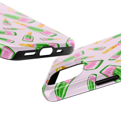 Tossed Pink and Green Watercolor Illustrated Champagne Bottles Pattern Blush Pink Tough Phone Case | Various Models