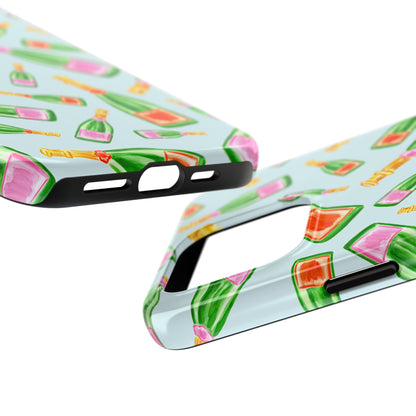 Tossed Pink and Green & Orange and Green Watercolor Illustrated Champagne Bottles Pattern Light Blue Tough Phone Case | Various Models