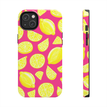 Bright Yellow Lemons Watercolor Illustrated Tossed Pattern Watermelon Pink Tough Phone Case | Various Models